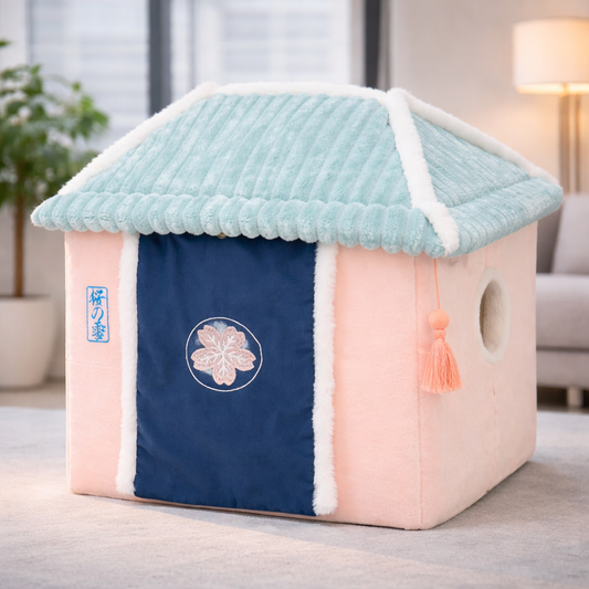 Cave cat house soft enclosed pet bed showing rear fabric door and roof design