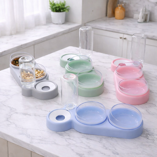 Multi color pet feeding station with double bowls and automatic water bottle