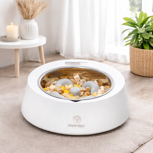 Pet dog bowl slow feeder placed in living room with anti gulp design