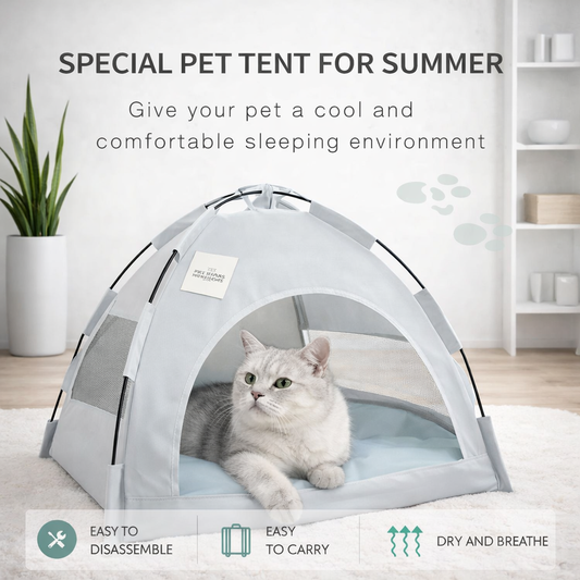 Grey breathable pet tent designed for summer comfort and indoor use