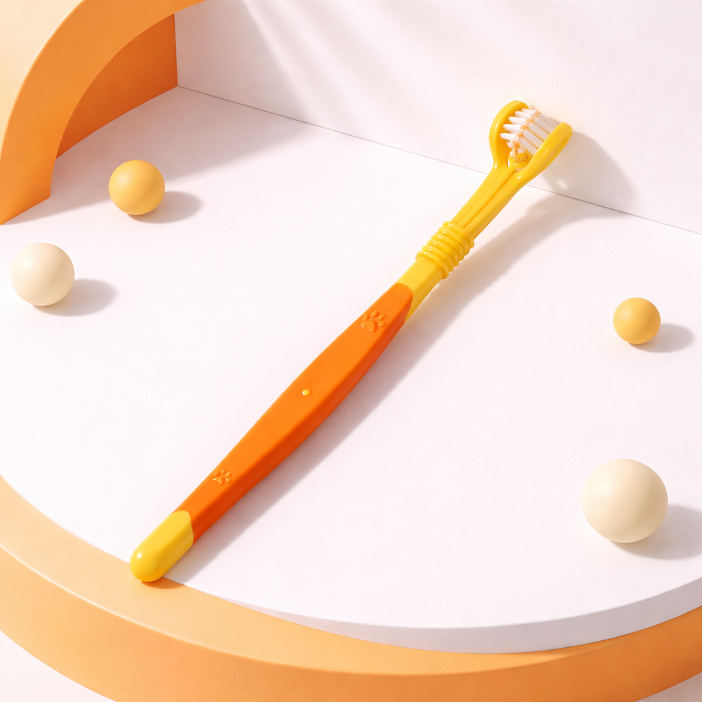 Pet oral hygiene toothbrush showing three-sided brush head for effective cleaning