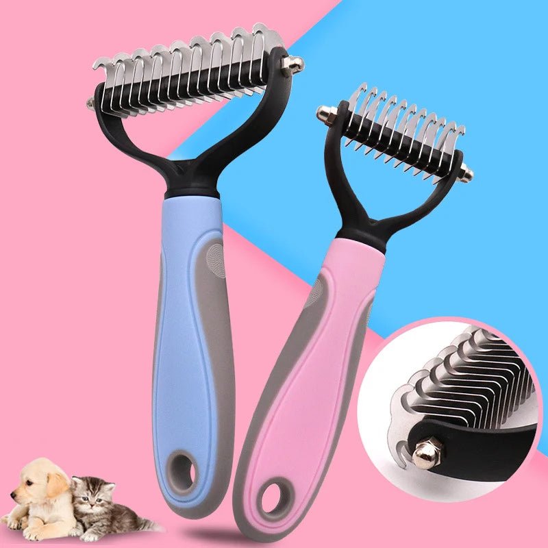 Pets Fur Knot Cutter – Dog & Cat Grooming Shedding Comb Brush in pink and blue colors for easy pet grooming.