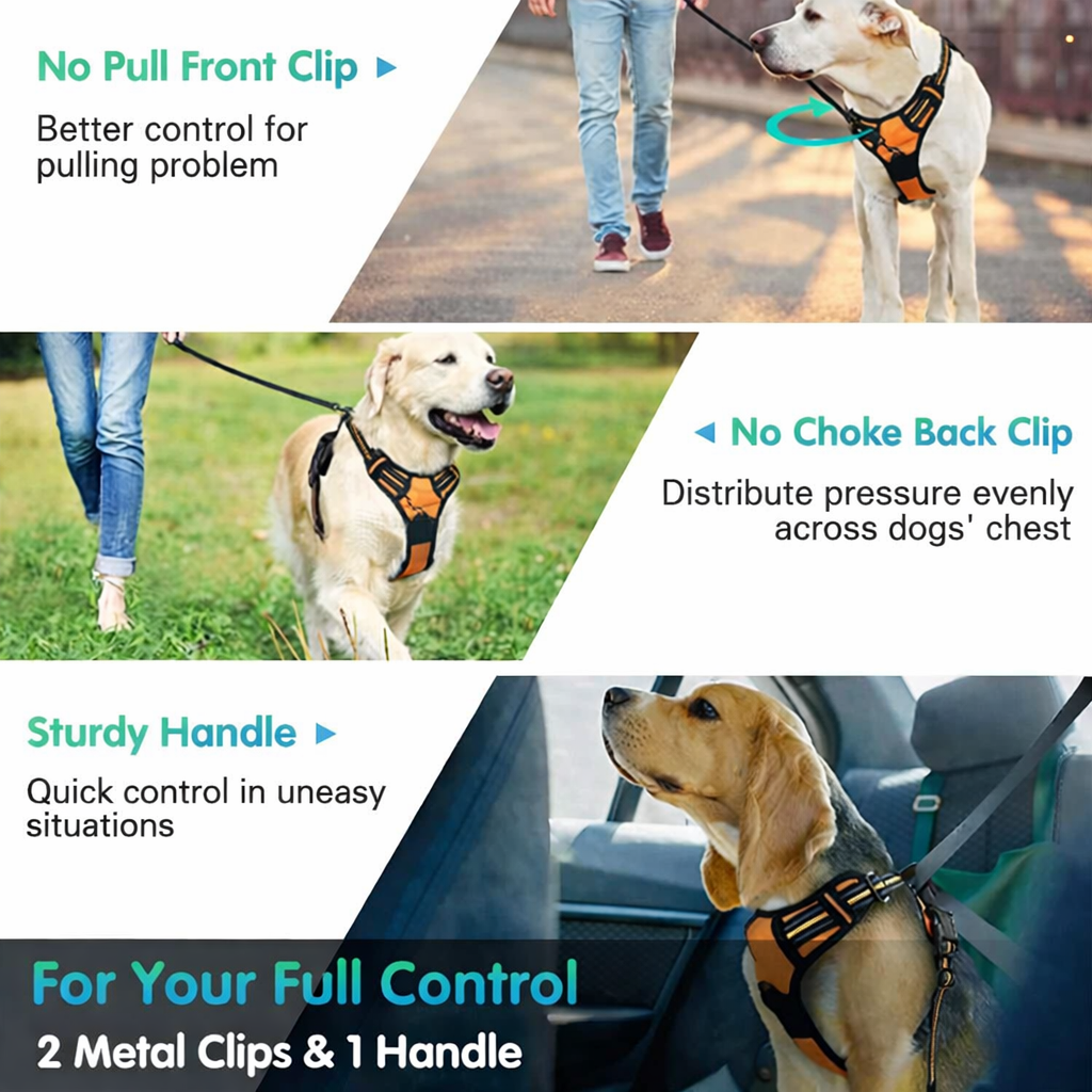 Reflective dog vest with no pull front clip and no choke back clip design