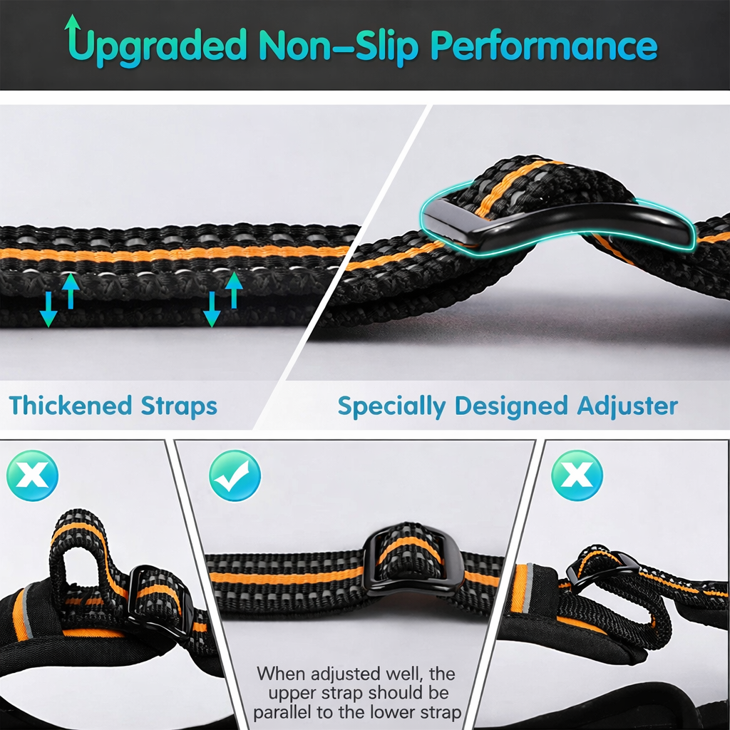 Reflective dog vest strap system with non slip adjuster and reinforced design