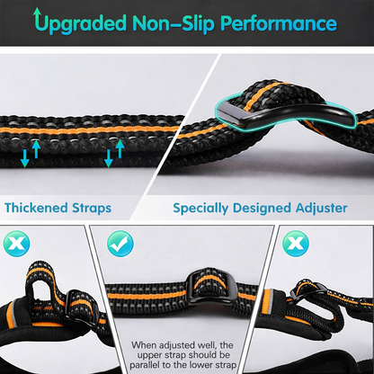 Reflective dog vest strap system with non slip adjuster and reinforced design