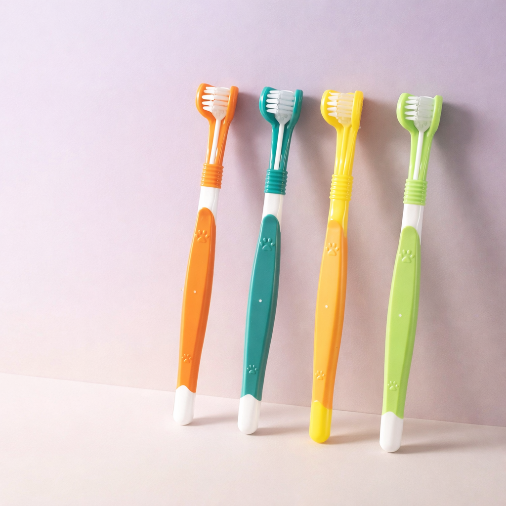 Pet oral hygiene toothbrush set in multiple colors with three-sided brush design