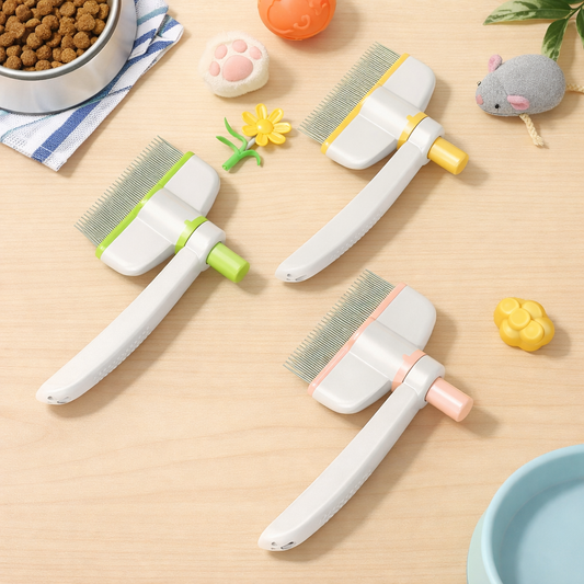 Multi color self cleaning pet grooming combs for cats and dogs on tabletop