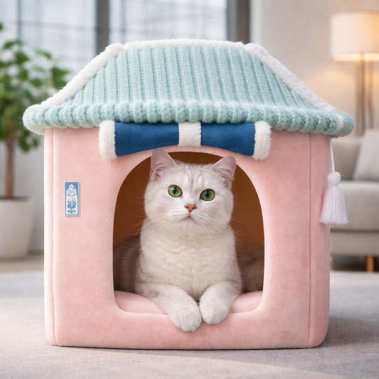 Cave cat house plush indoor bed with cat resting comfortably inside