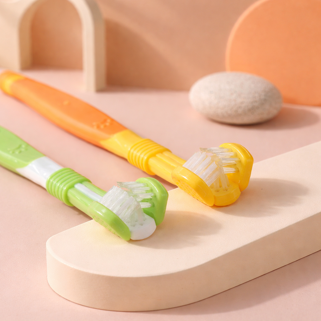 Close-up of three-sided bristles on pet oral hygiene toothbrush for effective plaque removal