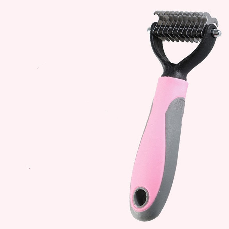 Pets Fur Knot Cutter – Dog & Cat Grooming Shedding Comb Brush with pink handle and stainless steel blades.