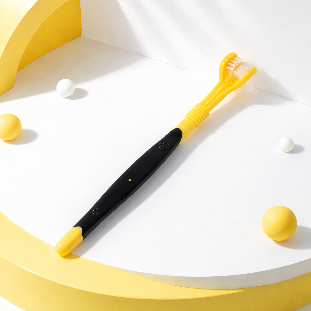 Pet oral hygiene toothbrush with three-sided brush head and ergonomic handle for dogs and cats