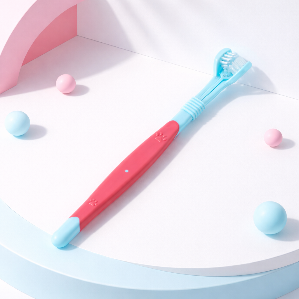 Pet oral hygiene toothbrush with three-sided bristles for gentle dental cleaning