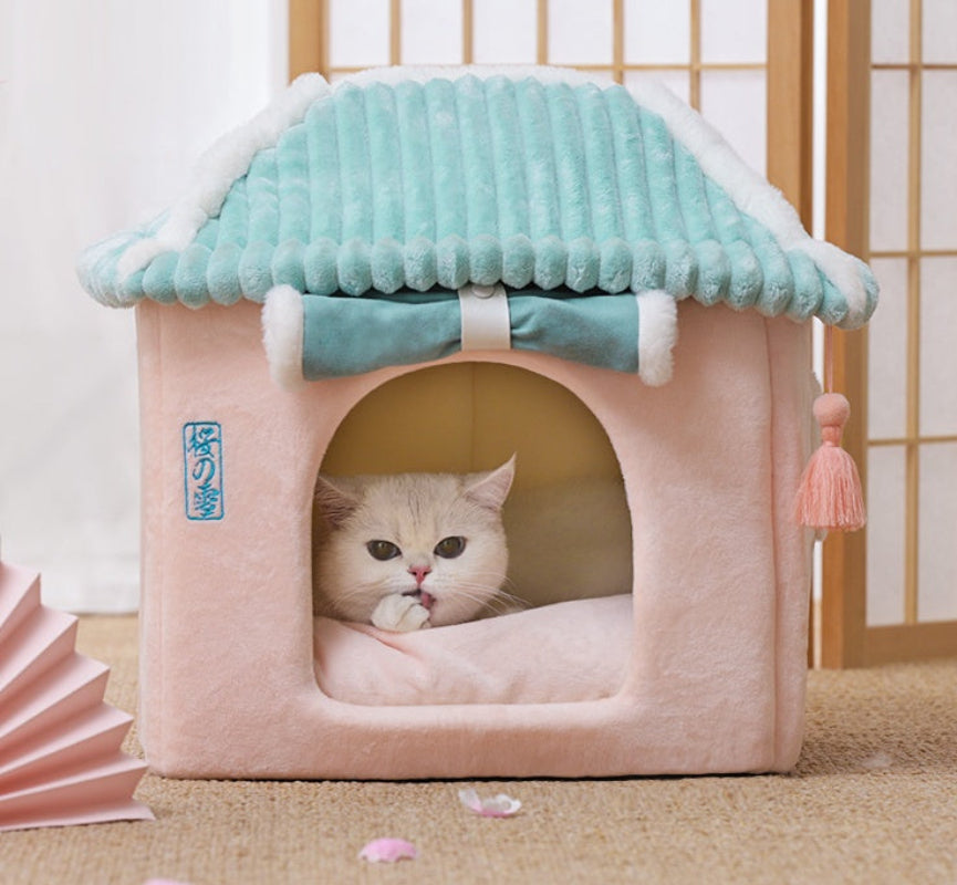 Removable Cat Bed Washable Enclosed Cat House Villa