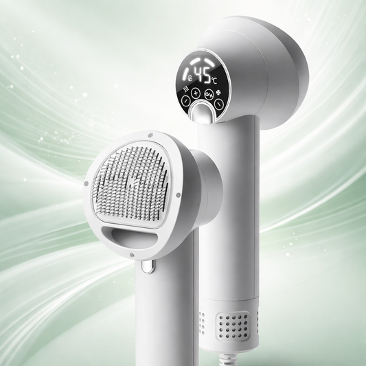 Pet grooming hair dryer with brush head and adjustable temperature control