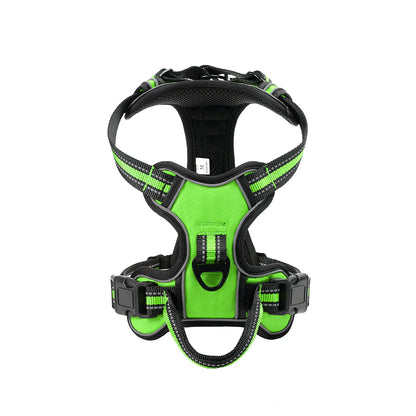 Green reflective dog vest with adjustable straps and sturdy handle