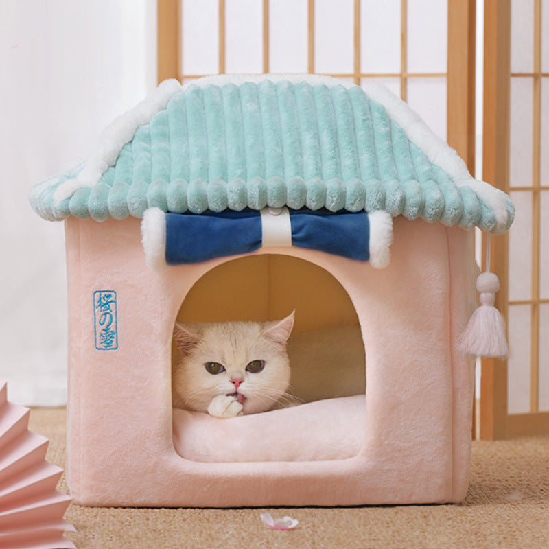 Removable Cat Bed Washable Enclosed Cat House Villa