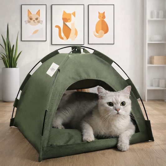 Green indoor pet tent with soft cushion and cat resting inside