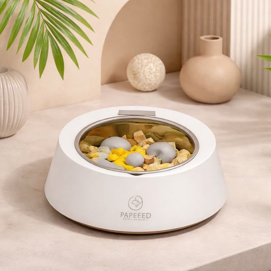 Smart weighing slow feeder dog bowl with stainless steel insert and raised obstacles