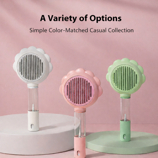 2 in 1 Self Cleaning Dog Brush showing multiple color options with spray design