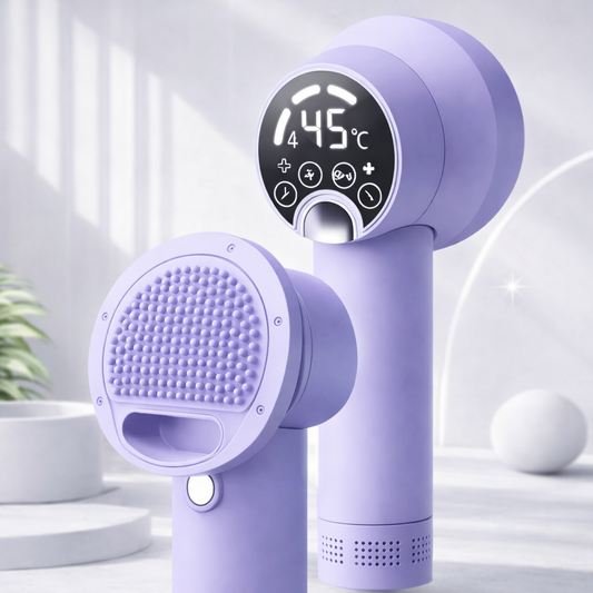 Pet hair dryer with LED temperature display and grooming brush attachment