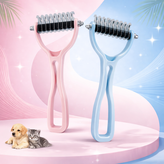 Dual color pet grooming deshedding tool for dogs and cats with stainless steel blades