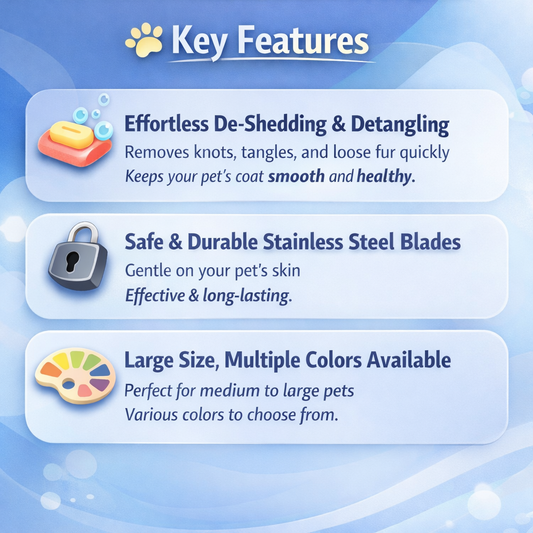 Pet grooming deshedding tool key features showing detangling stainless steel blades and color options