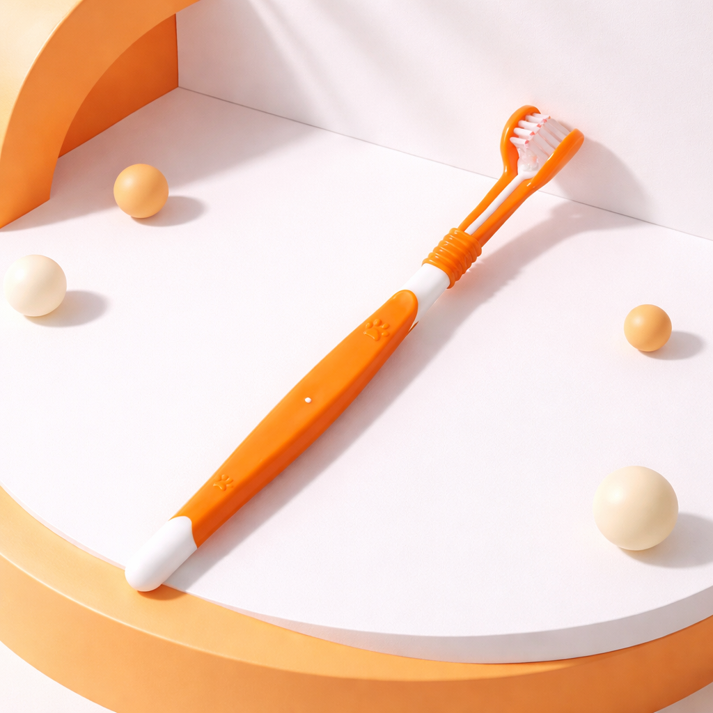 Orange pet oral hygiene toothbrush with ergonomic handle for daily use