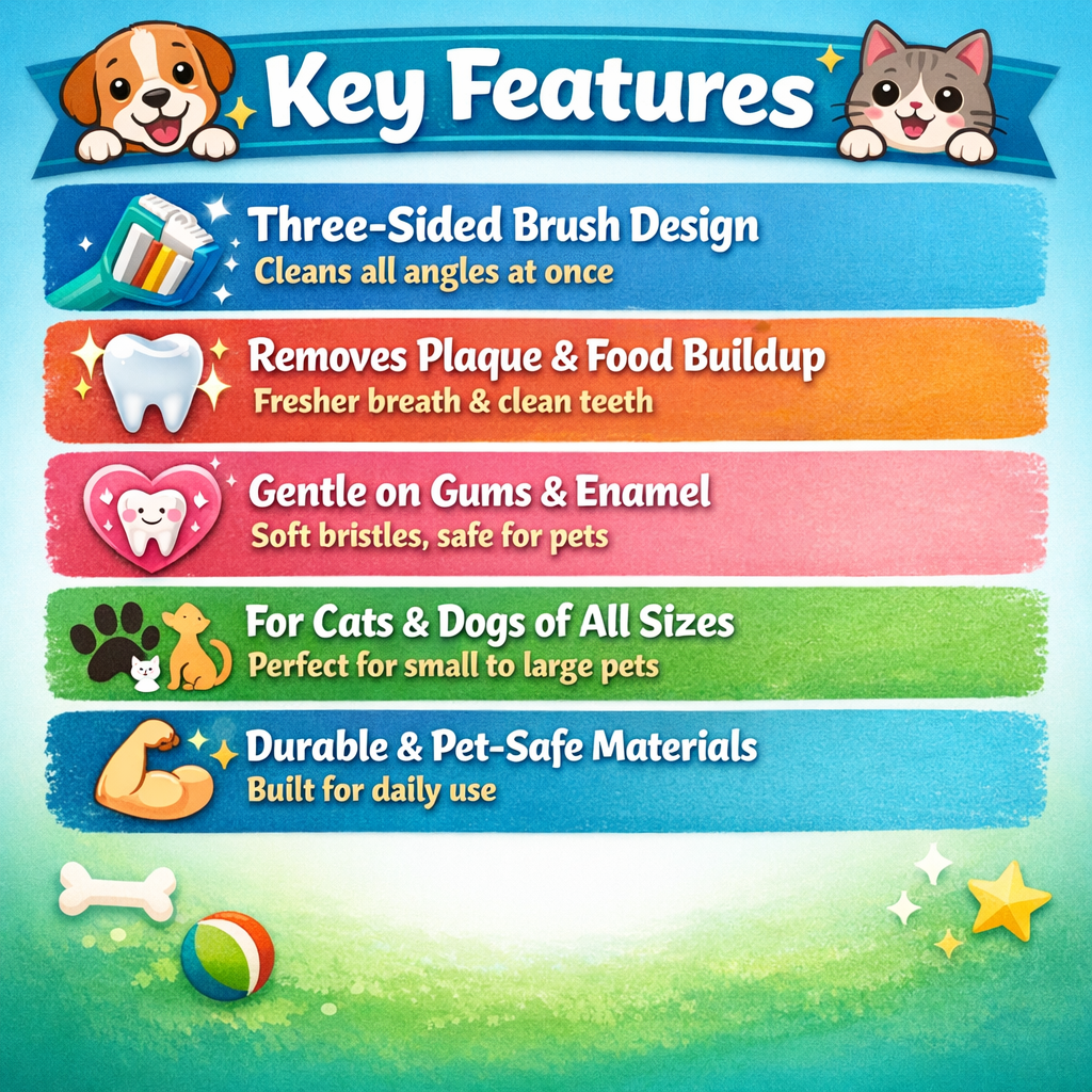 Key features of pet oral hygiene toothbrush showing three-sided brush design and gentle dental care for pets