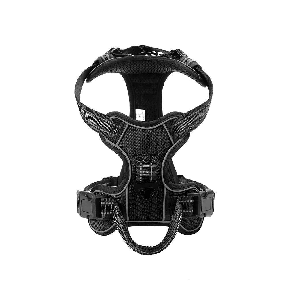 Black  reflective dog vest with adjustable straps and sturdy handle