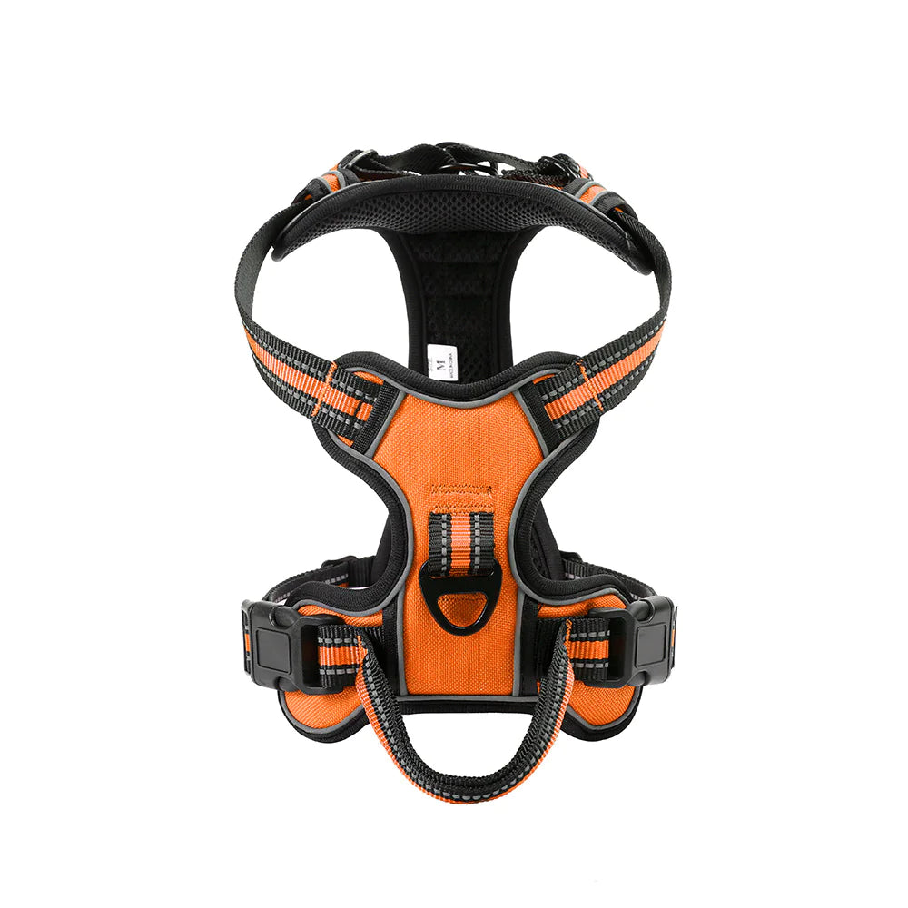 Orange reflective dog vest with adjustable straps and sturdy handle