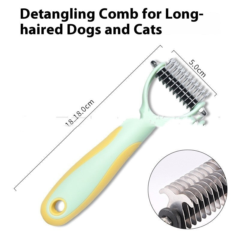 Pets Fur Knot Cutter – Dog & Cat Grooming Shedding Comb Brush with pink handle and stainless steel blades.