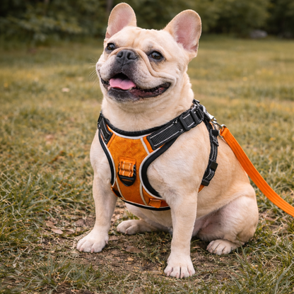Dog wearing a reflective dog vest with chest and back support outdoors