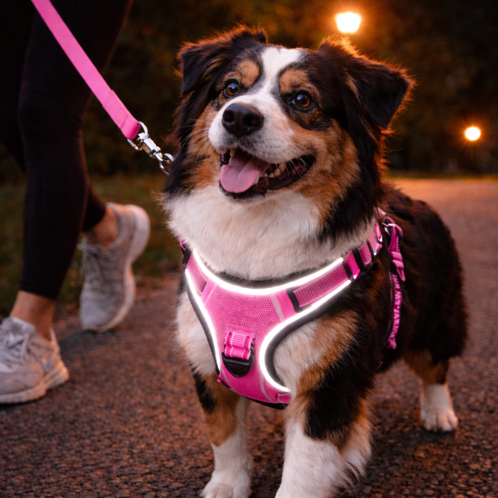 Reflective dog vest worn at night showing high visibility reflective trim